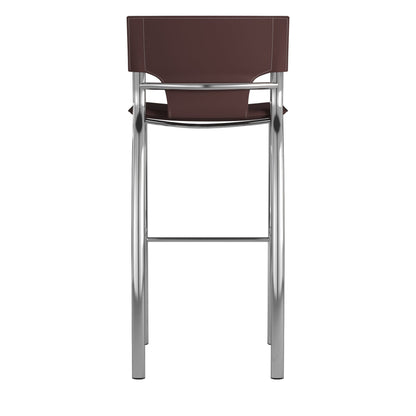 Set of Two 25" Brown and Silver Faux Leather and Metal Low Back Counter Height Bar Chairs