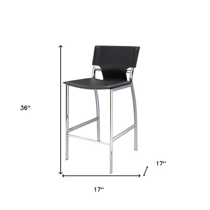 Set of Two 25" Black and Silver Faux Leather and Metal Low Back Counter Height Bar Chairs
