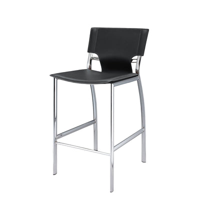 Set of Two 25" Black and Silver Faux Leather and Metal Low Back Counter Height Bar Chairs