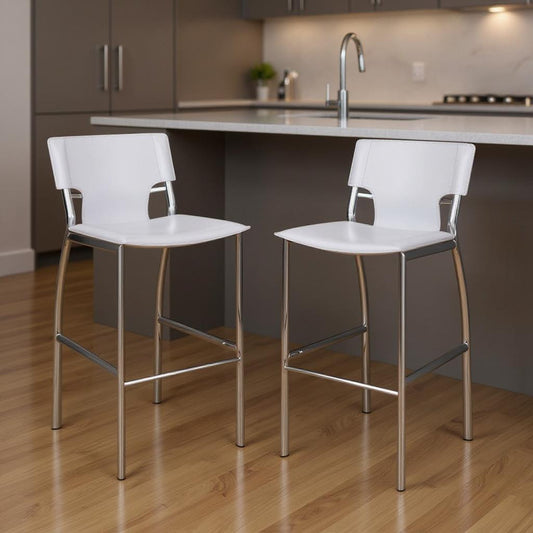Set of Two 25" White and Silver Faux Leather and Metal Low Back Counter Height Bar Chairs