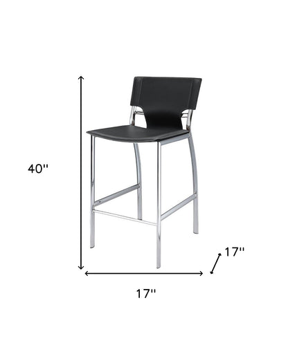 Set of Two 29" Black and Silver Metal and Faux Leather Low Back Bar Height Bar Chairs