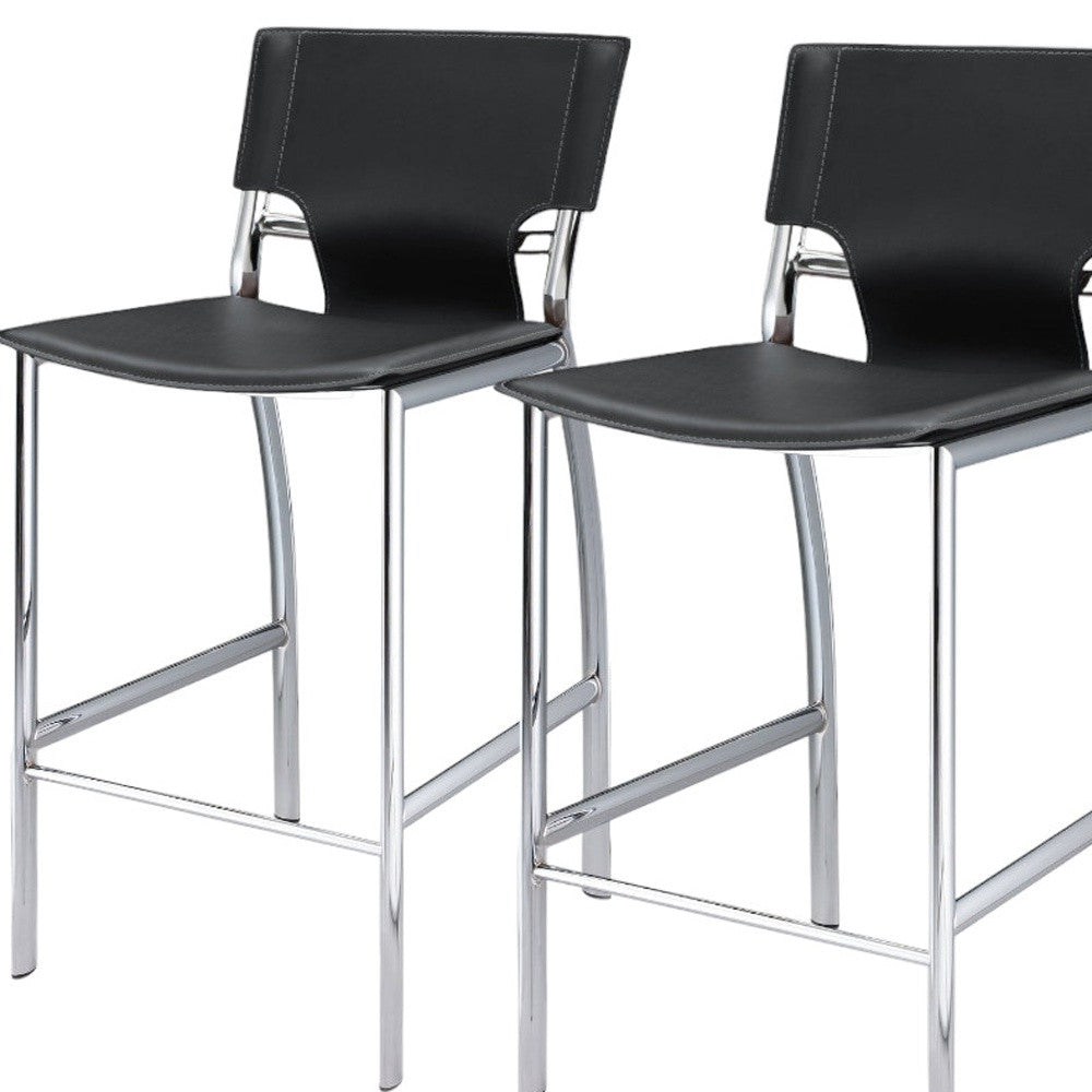 Set of Two 29" Black and Silver Metal and Faux Leather Low Back Bar Height Bar Chairs