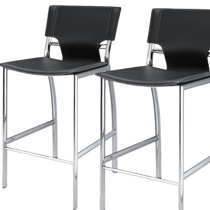 Set of Two 29" Black and Silver Metal and Faux Leather Low Back Bar Height Bar Chairs