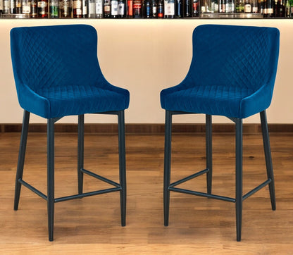 Set of Two 26" Blue and Black Velvet and Metal Low Back Counter Height Bar Chairs