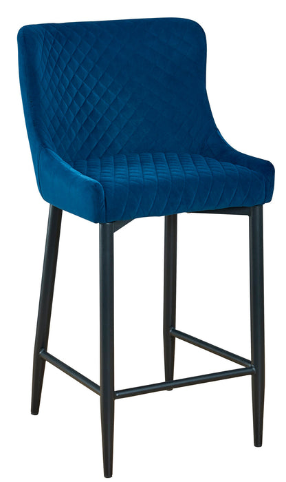 Set of Two 30" Blue and Black Velvet and Metal Low Back Bar Height Bar Chairs