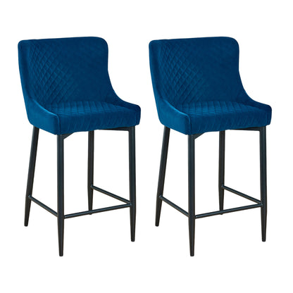 Set of Two 30" Blue and Black Velvet and Metal Low Back Bar Height Bar Chairs