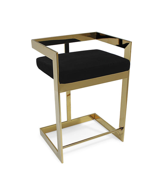 30" Black and Gold Velvet and Stainless Steel Low Back Bar Height Bar Chair