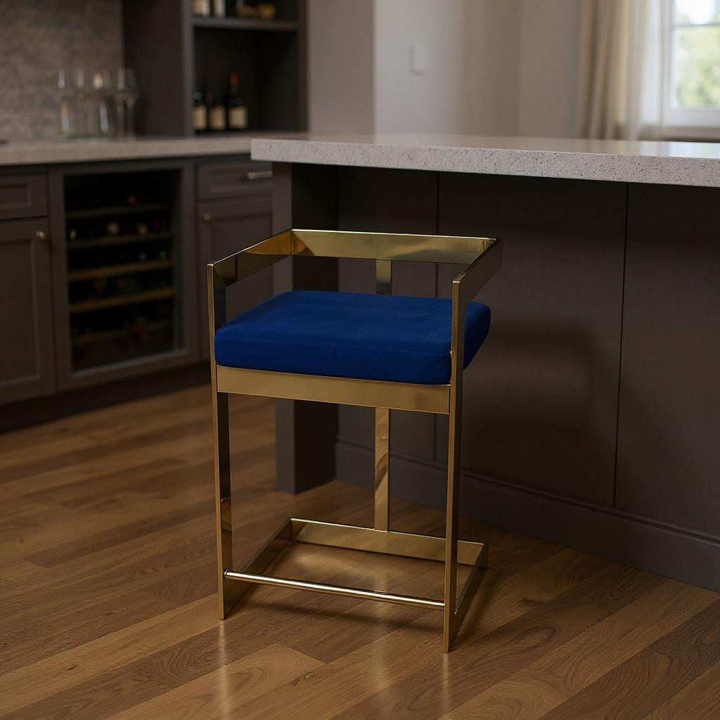 30" Blue and Gold Metal and Velvet Low Back Bar Height Bar Chair
