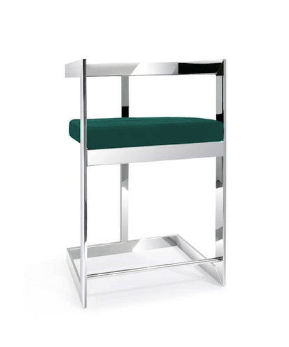 30" Green and Silver Metal and Velvet Low Back Bar Height Bar Chair