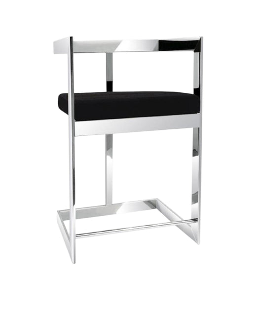 30" Black and Silver Velvet and Stainless Steel Low Back Bar Height Bar Chair