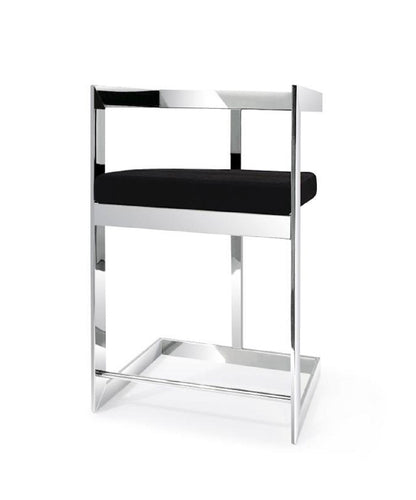 30" Black and Silver Velvet and Stainless Steel Low Back Bar Height Bar Chair