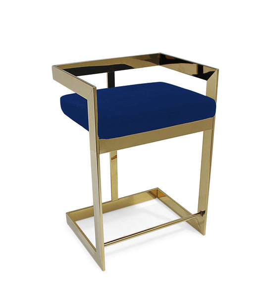 26" Blue and Gold Metal and Velvet Low Back Counter Height Bar Chair