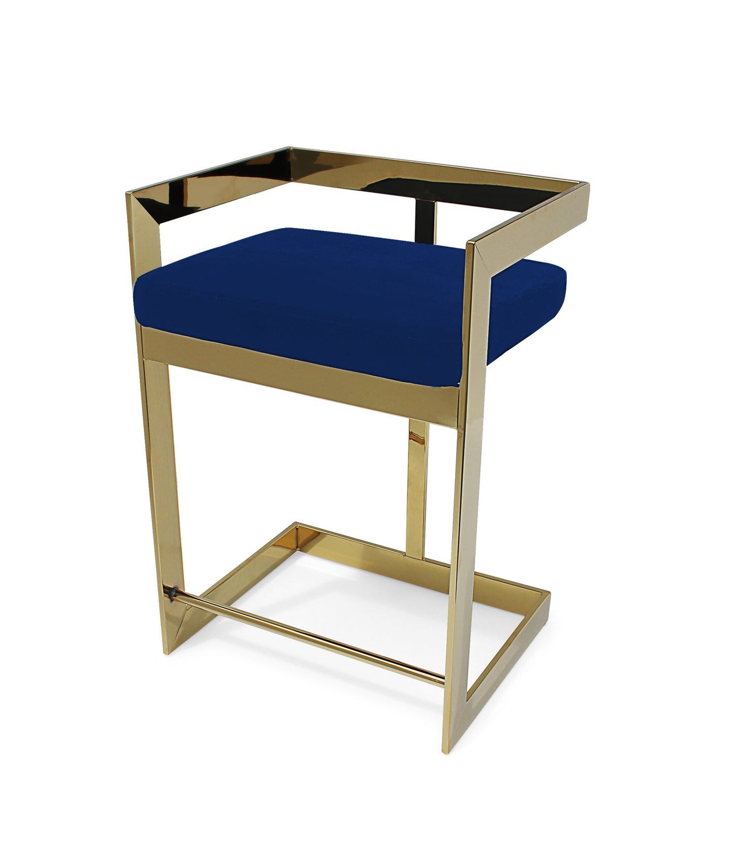 26" Blue and Gold Metal and Velvet Low Back Counter Height Bar Chair
