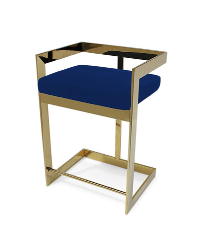 26" Blue and Gold Metal and Velvet Low Back Counter Height Bar Chair