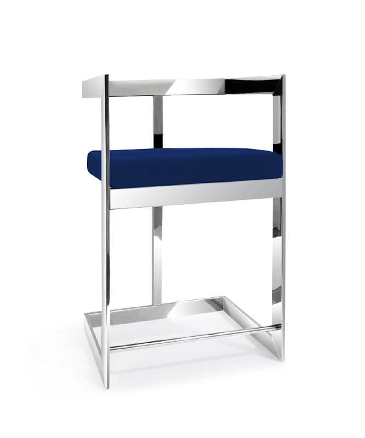 26" Blue and Silver Metal and Velvet Low Back Counter Height Bar Chair