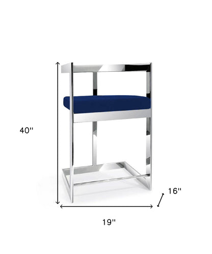 26" Blue and Silver Metal and Velvet Low Back Counter Height Bar Chair