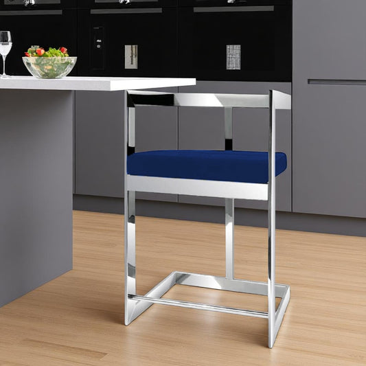26" Blue and Silver Metal and Velvet Low Back Counter Height Bar Chair