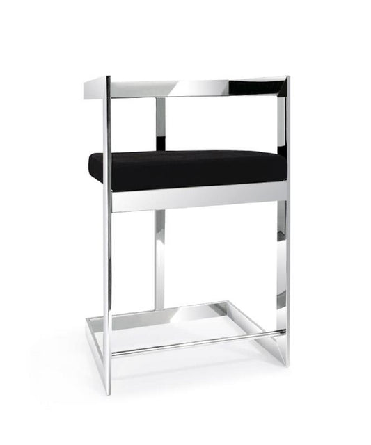 26" Black and Silver Velvet and Stainless Steel Low Back Counter Height Bar Chair