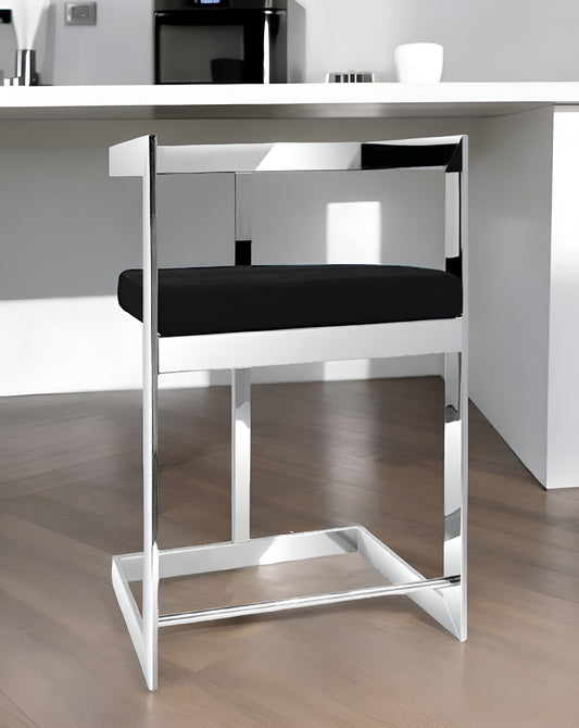 26" Black and Silver Velvet and Stainless Steel Low Back Counter Height Bar Chair
