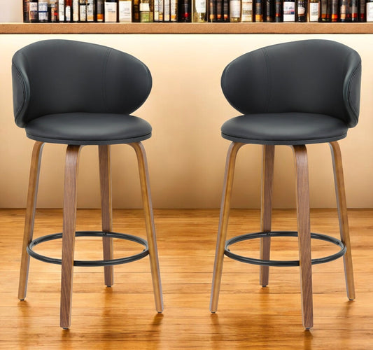 Set of Two 26" Black and Brown Faux Leather and Solid Wood Low Back Counter Height Bar Chairs
