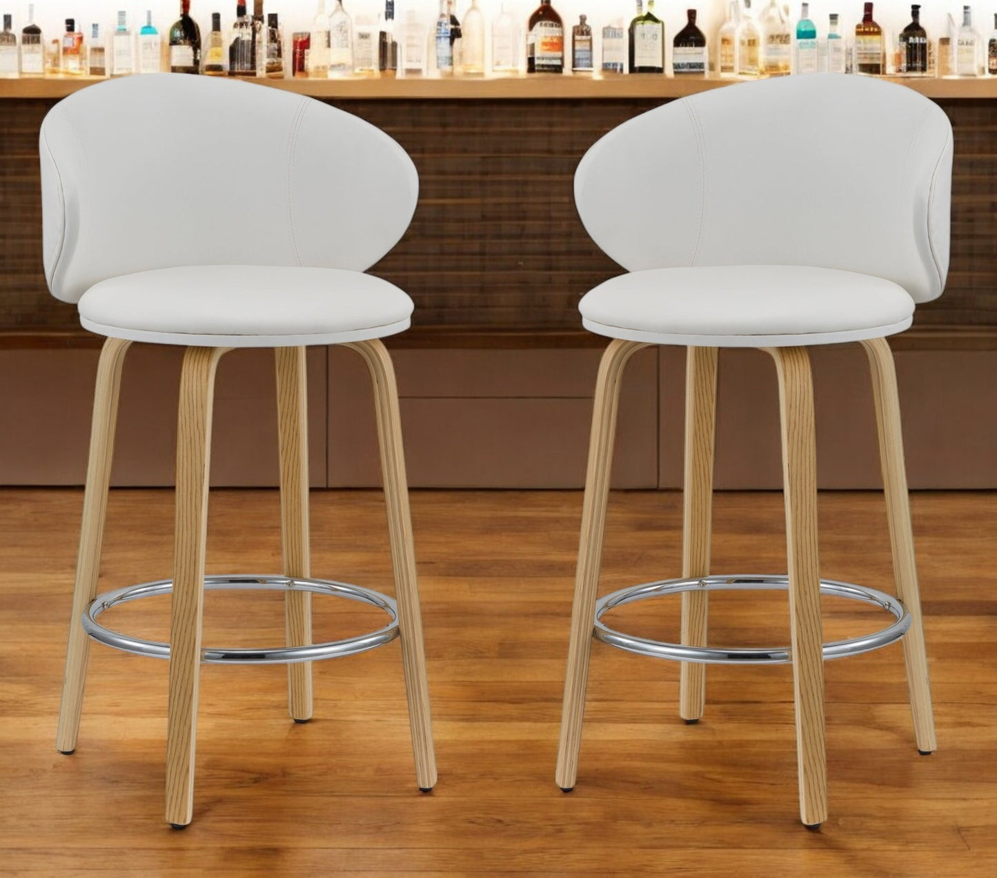 Set of Two 26" White and Brown Faux Leather and Solid Wood Low Back Counter Height Bar Chairs