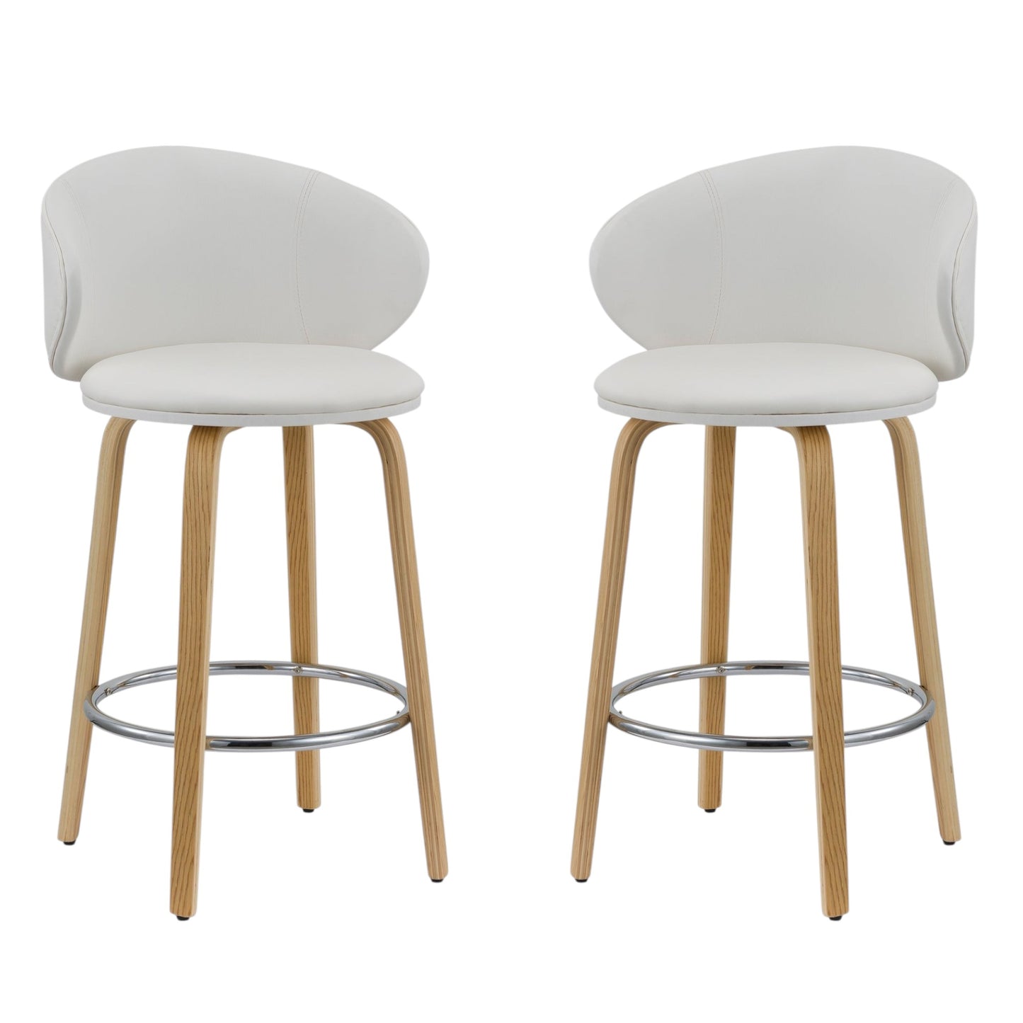 Set of Two 26" White and Brown Faux Leather and Solid Wood Low Back Counter Height Bar Chairs