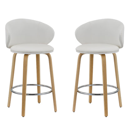 Set of Two 26" White and Brown Faux Leather and Solid Wood Low Back Counter Height Bar Chairs