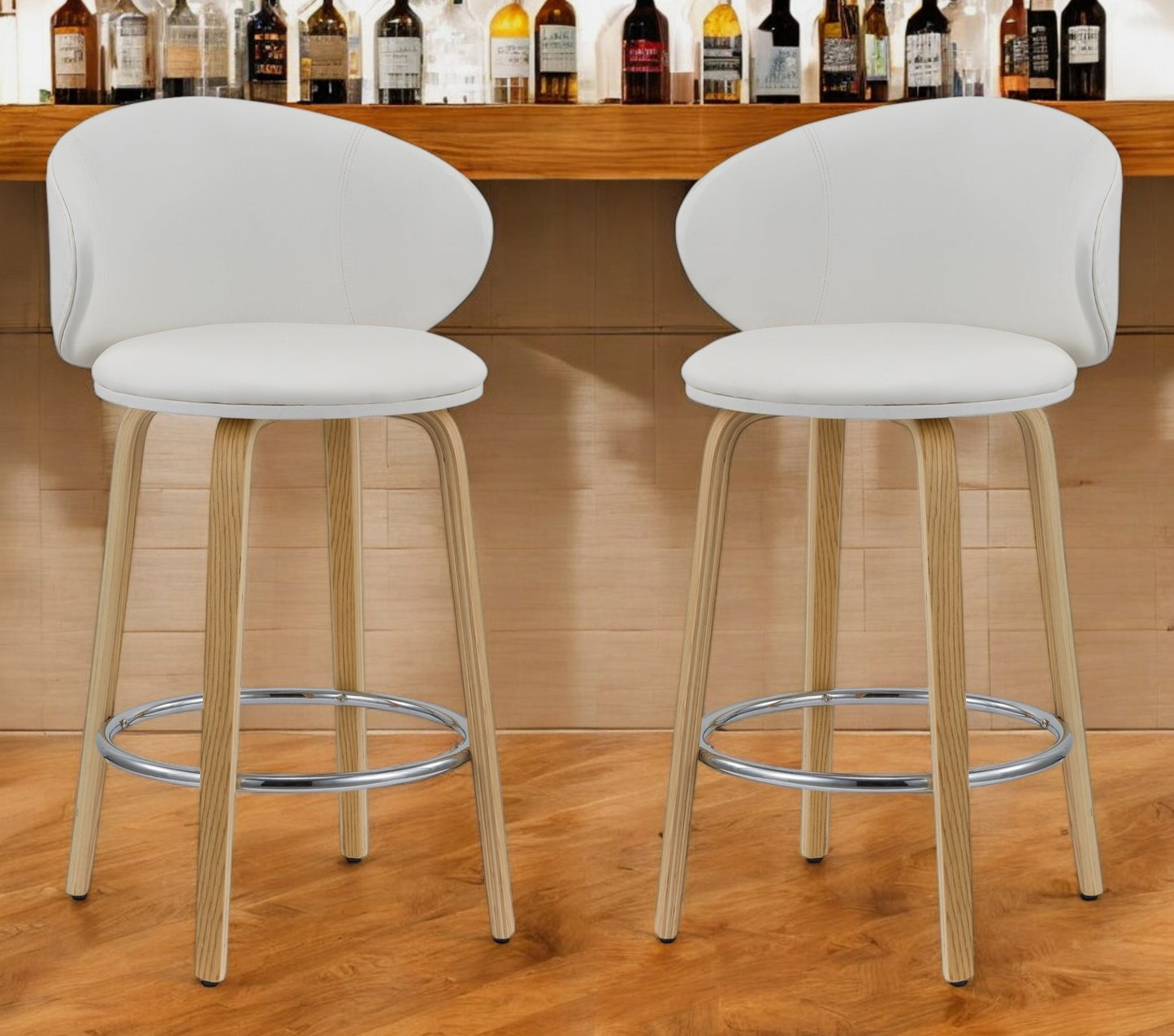 Set of Two 26" White and Brown Faux Leather and Solid Wood Low Back Counter Height Bar Chairs