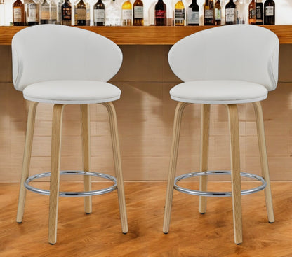 Set of Two 26" White and Brown Faux Leather and Solid Wood Low Back Counter Height Bar Chairs