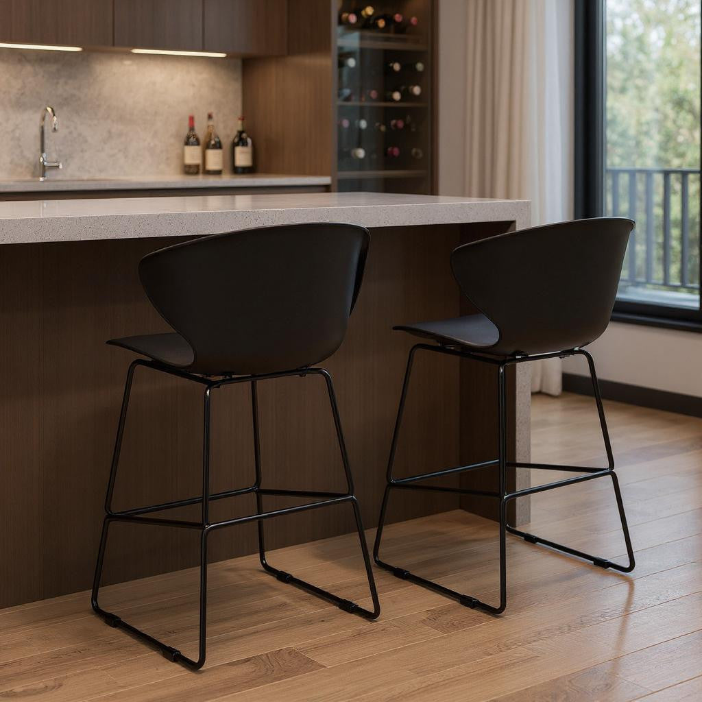 Set of Two 30" Black Heavy Duty Plastic and Metal Low Back Bar Height Bar Chairs