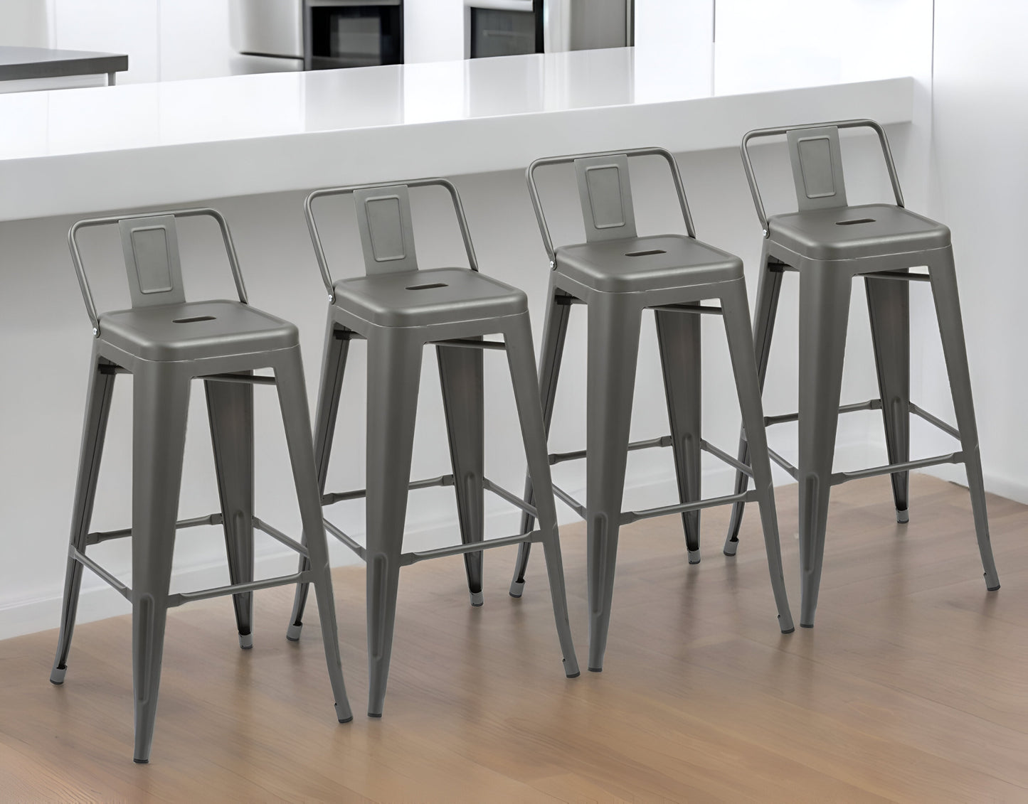 Set of Four 26" Gray Steel and Metal Low Back Counter Height Bar Chairs