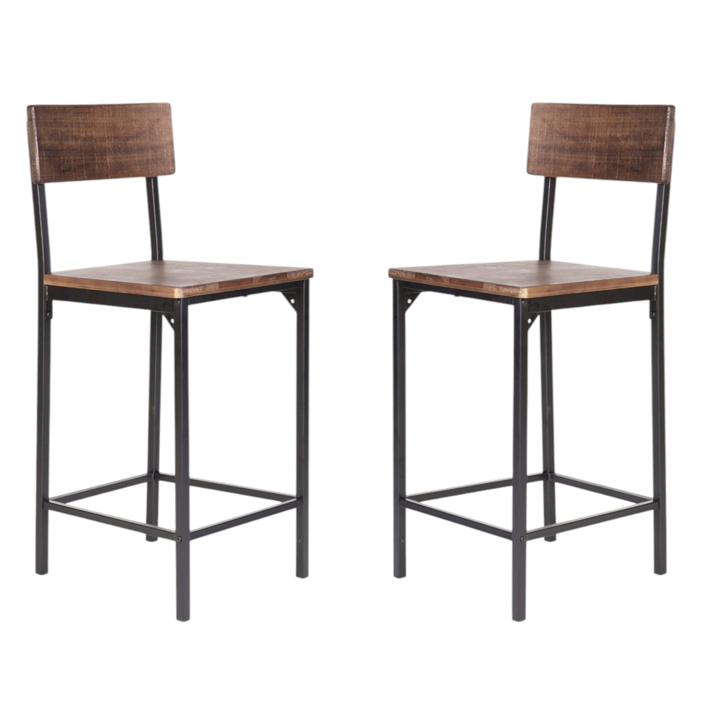 Set of Two 25" Brown and Black Solid Wood and Metal Counter Height Bar Chairs