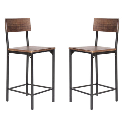 Set of Two 25" Brown and Black Solid Wood and Metal Counter Height Bar Chairs