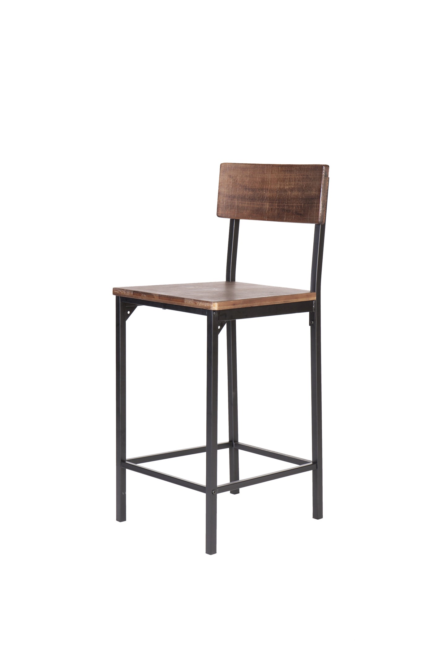 Set of Two 25" Brown and Black Solid Wood and Metal Counter Height Bar Chairs