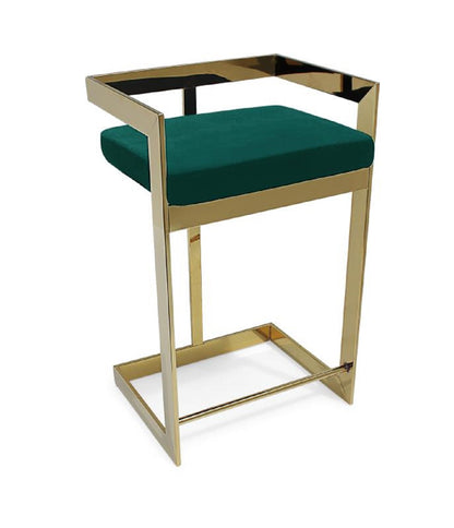 30" Green and Gold Metal and Velvet Low Back Bar Height Bar Chair