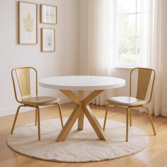 48" White and Gold Wood and Metal Cross Leg Base Round Top Dining Table
