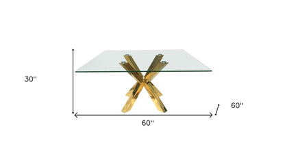 60" Clear and Gold Glass and Metal Cross Leg Base Square Dining Table