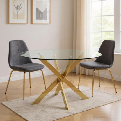 54" Clear and Gold Glass and Metal Cross Leg Base Round Top Dining Table
