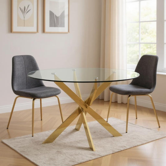 54" Clear and Gold Glass and Metal Cross Leg Base Round Top Dining Table