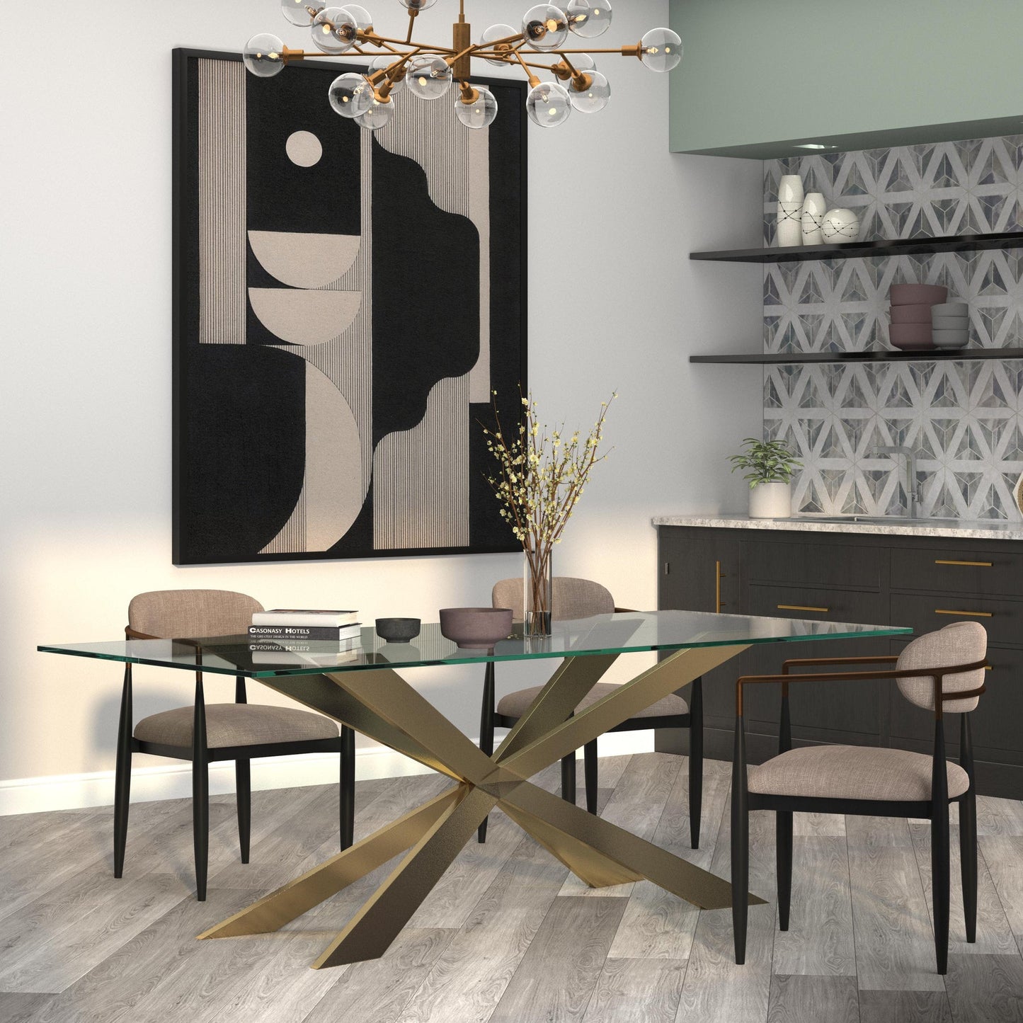 72" Clear and Gold Glass and Metal Cross Leg Base Dining Table