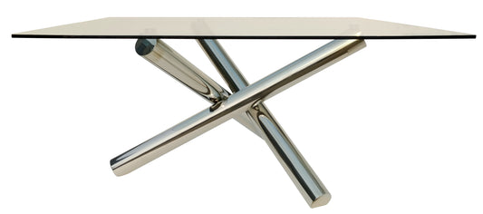 60" Clear and Silver Glass and Metal Cross Leg Base Square Dining Table