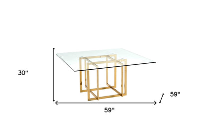 59" Clear and Silver Glass and Metal Pedestal Base Square Dining Table
