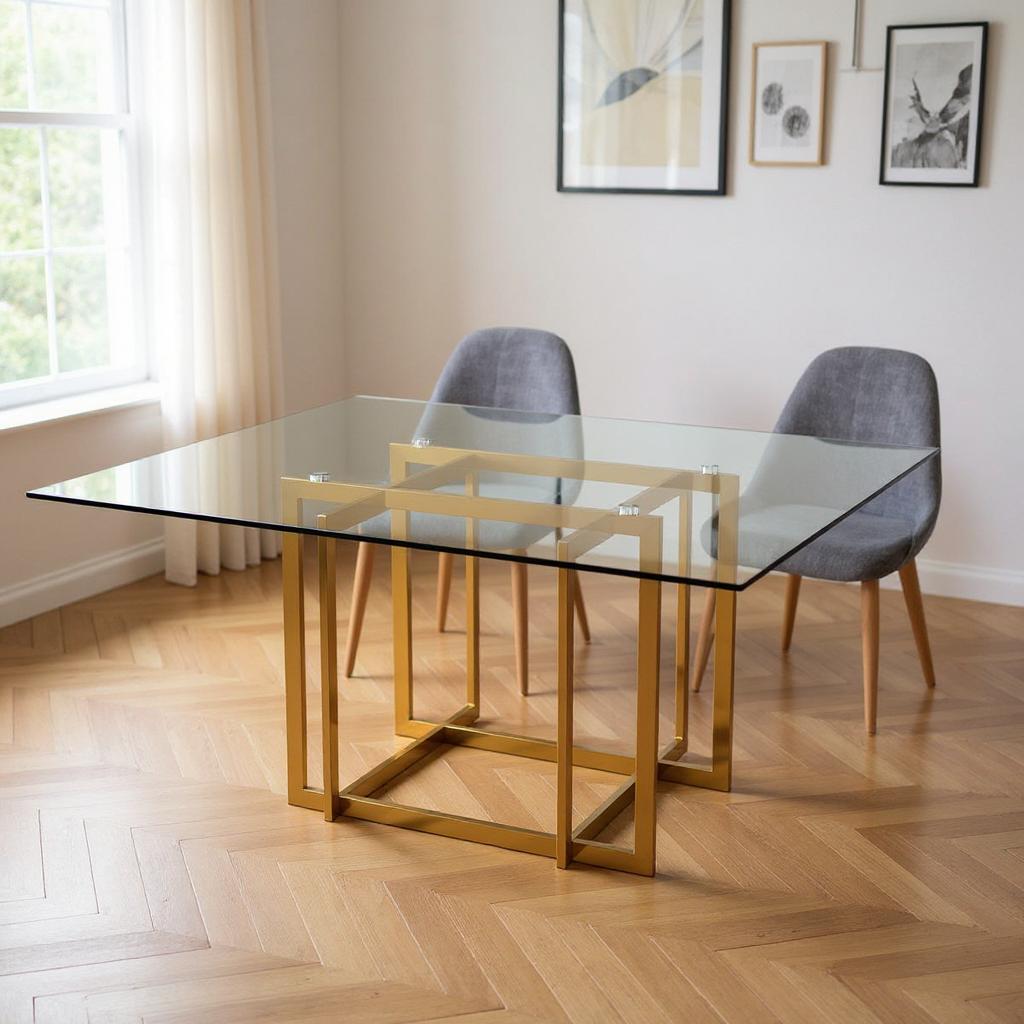 59" Clear and Silver Glass and Metal Pedestal Base Square Dining Table