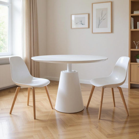 42" White Wood and Metal Pedestal Base Round Top Dining Table