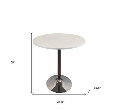 36" White and Silver Wood and Metal Pedestal Base Round Top Dining Table