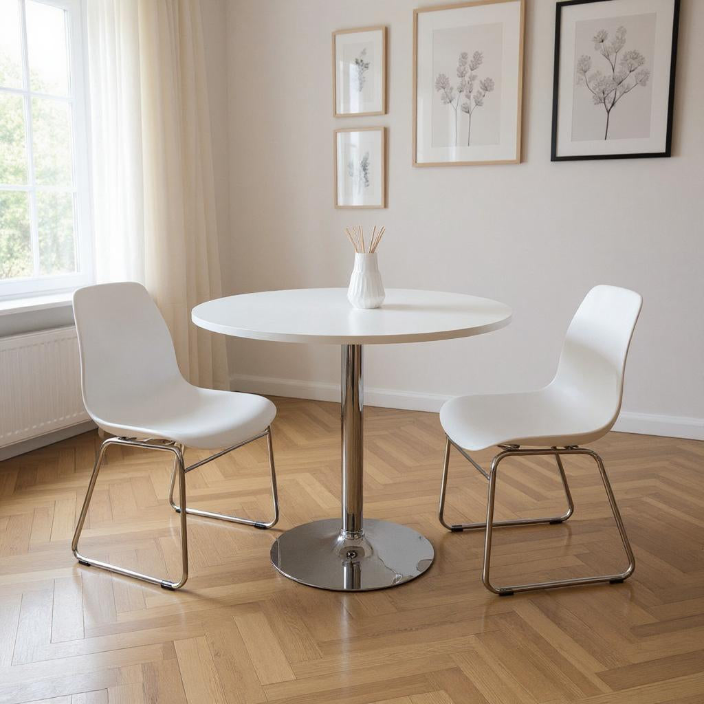 36" White and Silver Wood and Metal Pedestal Base Round Top Dining Table