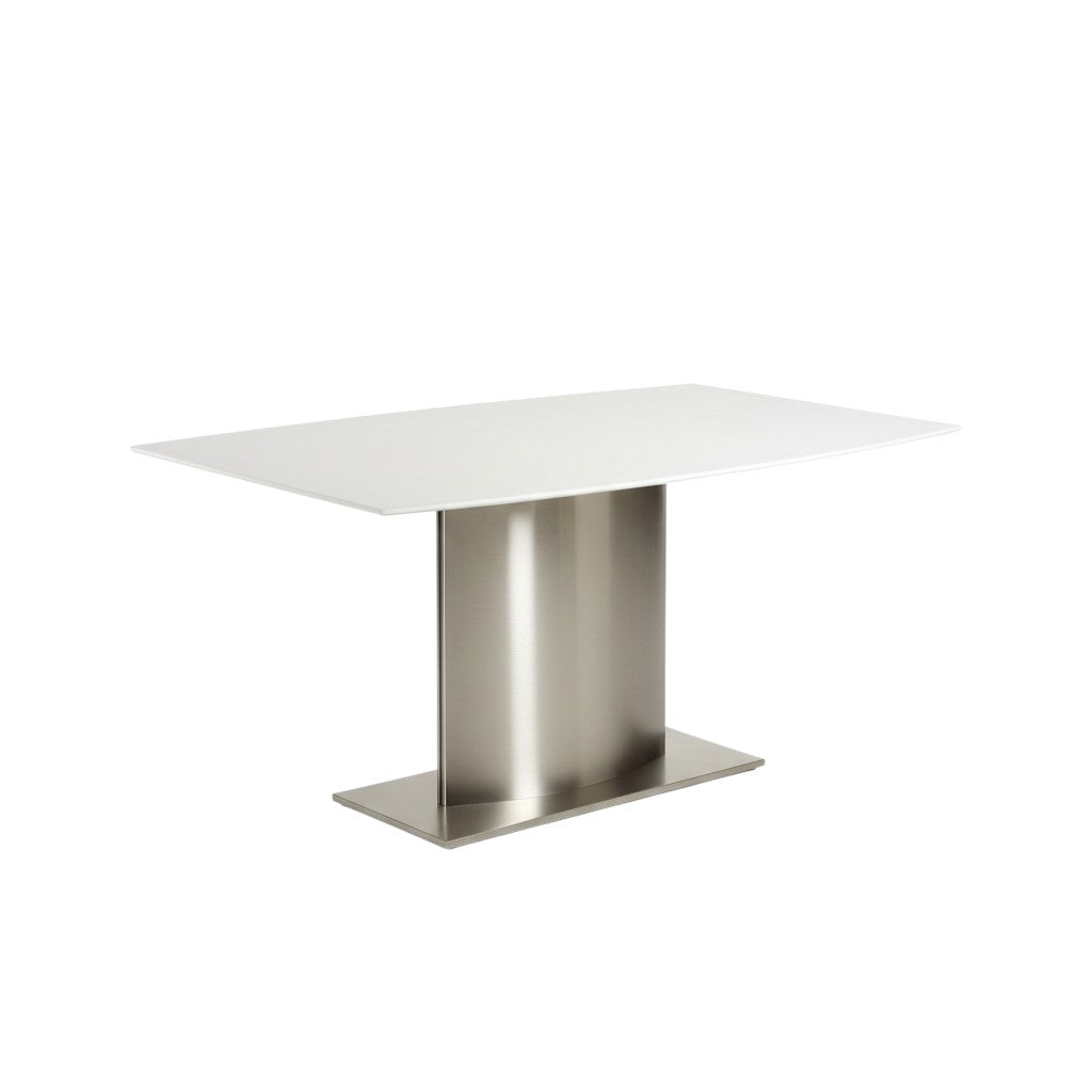 63" White And Silver Marble And Metal Pedestal Base Dining Table