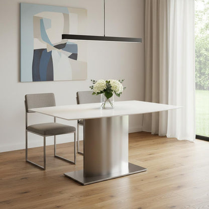 63" White And Silver Marble And Metal Pedestal Base Dining Table