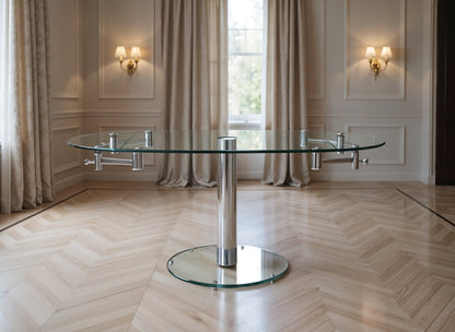 40" Clear and Silver Glass and Metal Self-Storing Leaf Motion Extendable Dining Table
