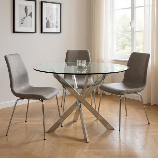 48" Clear and Silver Glass and Metal Cross Leg Base Round Top Dining Table